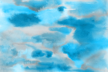 Blue watercolor paper textures on white background. Chaotic abstract organic design.