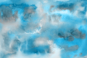 Blue watercolor paper textures on white background. Chaotic abstract organic design.