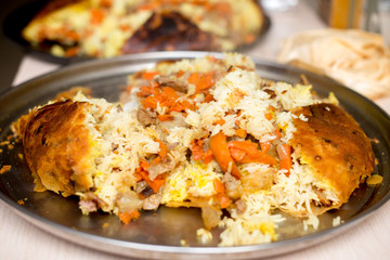 Shah pilaf. Khan pilaf in a pita. Traditional oriental dish.