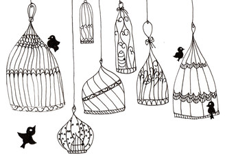 Illustration of simple cages with birds on a white background. Black contour lines on a white background. hand drawn