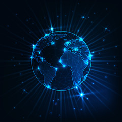 Futuristic glowing low polygonal planet earth globe with stars and rays on dark blue background.