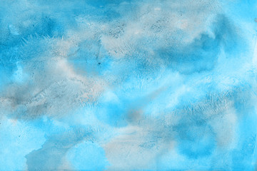 Blue watercolor paper textures on white background. Chaotic abstract organic design.