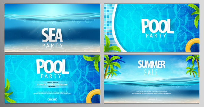 Summer posters. Sea, pool and summer party. Vector illustration with deep underwater ocean scene.