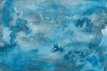 Blue watercolor paper textures on white background. Chaotic abstract organic design.