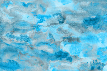 Blue watercolor paper textures on white background. Chaotic abstract organic design.
