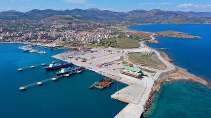Aerial drone photo of famous port of Lavrio in South Attica where passenger ships travel to popular...