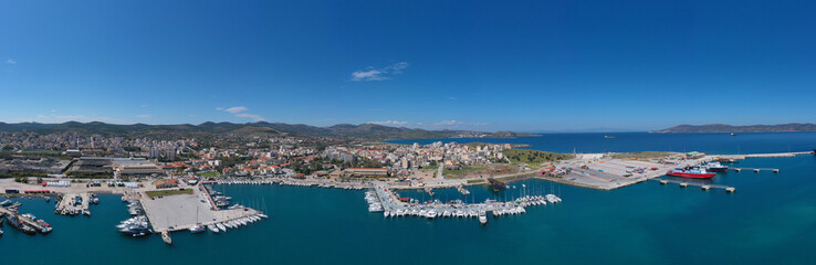 Naklejka na ściany i meble Aerial drone photo of famous port of Lavrio in South Attica where passenger ships travel to popular Aegean destinations, Greece