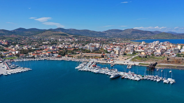 Aerial drone photo of famous port of Lavrio in South Attica where passenger ships travel to popular Aegean destinations, Greece