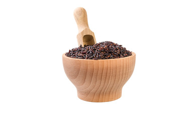 jasmine black rice in wooden bowl and scoop isolated on white background. nutrition. bio. natural food ingredient.front view.