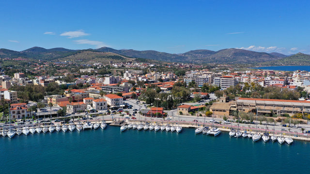 Aerial drone photo of famous port of Lavrio in South Attica where passenger ships travel to popular Aegean destinations, Greece