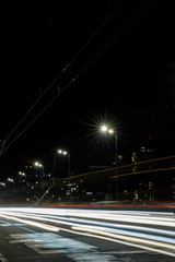 Fototapeta na wymiar long exposure of lights on road at night busy city