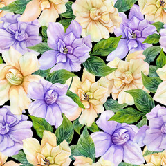 Beautiful gardenia flowers with leaves in seamless floral pattern. Pastel colored botanical background. Watercolor painting. Hand drawn and painted illustration.
