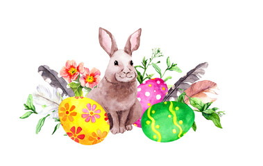 Easter bunny with colored eggs, grass, crocus flowers, feathers. Watercolor