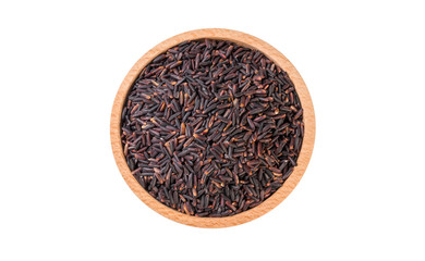 jasmine black rice in wooden bowl isolated on white background. nutrition. food ingredient. top view.