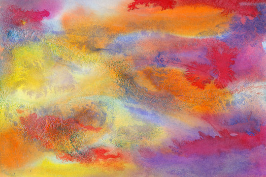 Bright colorful watercolor paper textures on white background. Chaotic abstract organic design.