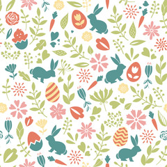 Floral seamless easter pattern with eggs, bunnies, flowers and branches. For spring design, greeting cards, posters, invitations, fabrics, scrapbooking, gift wrap, wallpapers. Vector easter background