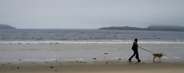 walking on the beach with a dog