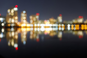 blurred dark cityscape with illuminated buildings, reflection and bokeh lights at nighttime