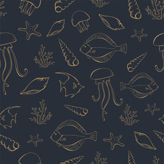 Seamless sea pattern with fish, starfishes, seashells, corals . Golden doodle drawing on dark blue background. Vintage style. Vector illustration in sketch style for print on textile, wallpapers.
