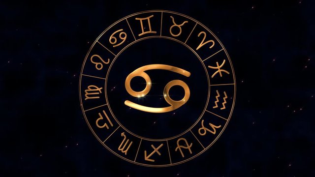 Golden zodiac horoscope spinnig wheel with Canser (Crab) sign in center