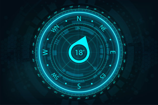 Futuristic Compass in HUD style for UI and UX, website or mobile application. Futuristic user interface gadget.  Compass FUI, HUD. Vector illustration device 