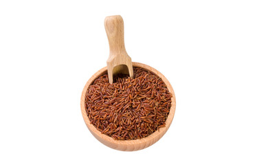 red rice in wooden bowl and scoop isolated on white background. nutrition. bio. natural food ingredient.