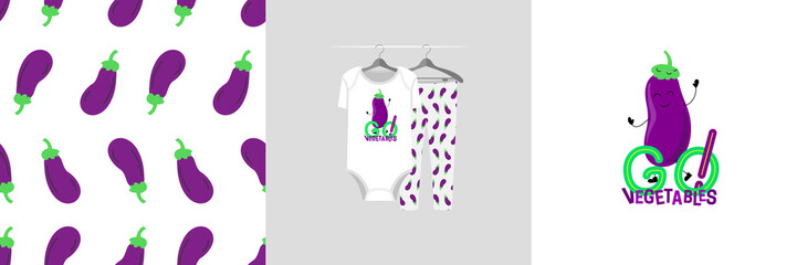 Seamless pattern and illustration for kid with eggplant, Go vegetable! Isolated design pajamas on hanger. Baby background for clothes wear, room decor, t-shirt print, baby shower invitation, wrapping
