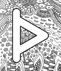 Ancient scandinavic rune turizas with doodle ornament background. Coloring page for adults. Psychedelic fantastic mystical artwork. Vector illustration