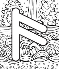 Ancient scandinavic rune ansuz with doodle ornament background. Coloring page for adults. Psychedelic fantastic mystical artwork. Vector illustration