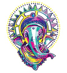 God Ganesh. Multicolored stylish sketch. Elephant head, Nirvana print, yoga.