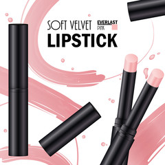 Lipstick soft velvet pink advertising template. Fashion banner makeup lipstick. Cream smear cosmetics.