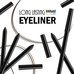 Beautiful Eyeliner Pen Poster for the promotion of cosmetic premium product. Cosmetic ads for packaging  with liquid smear ink elements. Design of New Product.