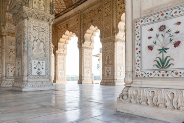 New Delhi, India, Mar 30 2019 - Tourists stroll around the Divan-i-Khas and Khas Mahal, Red Fort complex, Old Delhi, Delhi, India