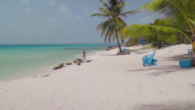 Shot of Tropical Palm Tree Paradise as Woman Walks White Sand Shore in Distance in Bayahibe, Dominican Republic