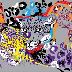 Seamless pattern with leopards. Big cats. Pop Art. Stylish colorful background. Summer print. Figured markers.