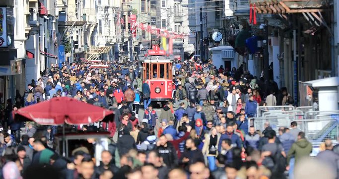 A view of crowded walking on famous Taksim Istiklal Avenue at winter time. Time lapse