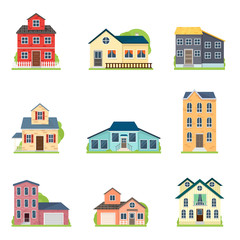 Set of cute colorful houses in city or village style