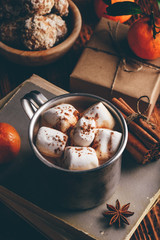 Rustic mug of hot chocolate with marshmallows