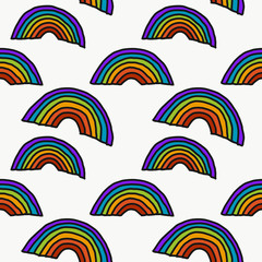 Hand drawn seamless pattern with rainbow. Stylish multicolor isolated minimal illustration on white background. Decorative texture. Positive vibes.