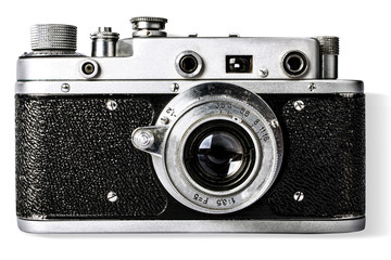 Old film 35 mm compact camera on white background, isolated.
