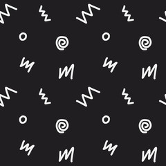 Memphis style seamless vector pattern with hand drawn zig zag lines and circles. Trendy monochrome abstract background. Black and white repeating texture for print, textile, packaging, wrapping, etc. - 261150971