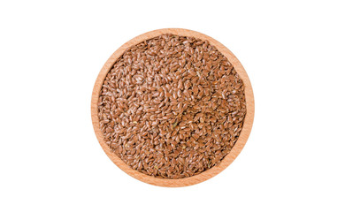 flax seed in wooden bowl isolated on white background. nutrition. food ingredient.top view.