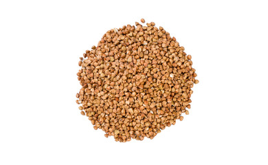 roasted buckwheat heap isolated on white background. nutrition. bio. natural food ingredient.top view.