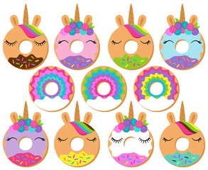 Vector Set of Unicorn and Rainbow Themed Donuts
