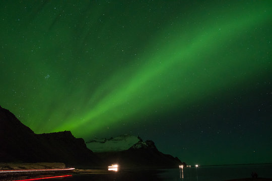 Aurora Borealis in icelandic countryside area of Hornafjordur