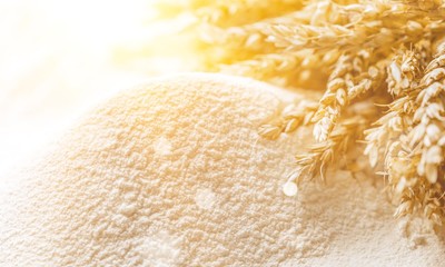 Wheat ears and flour on  background