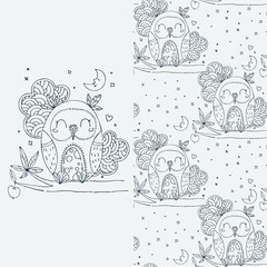Set of seamless cute childish pattern and doodle cut image with hand drawn cute animals. Creative doodle kids texture for fabric, wrapping, textile, wallpaper, prints, apparel