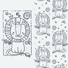 Set of seamless cute childish pattern and doodle cut image with hand drawn cute animals. Creative doodle kids texture for fabric, wrapping, textile, wallpaper, prints, apparel