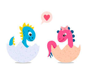 Cute cartoon dinosaurs in the eggs, kids dinosaurs. Vector illustration on white background.