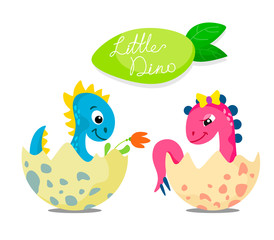 Cute cartoon dinosaurs in the eggs, kids dinosaurs. Vector illustration on white background.